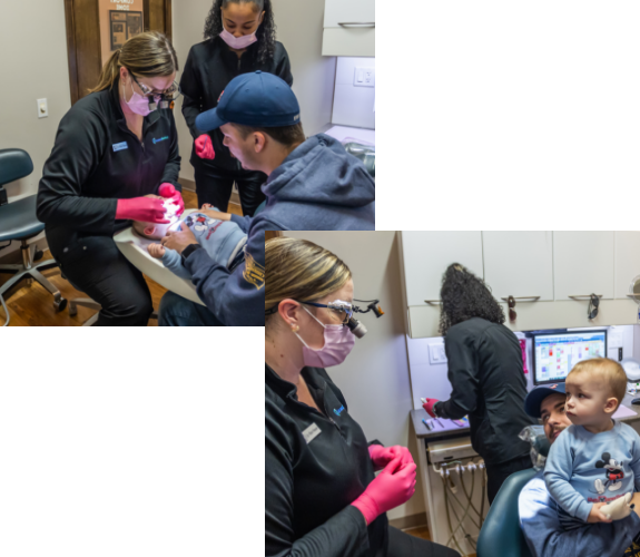 Father brushing daughter’s teeth while dentist looks on