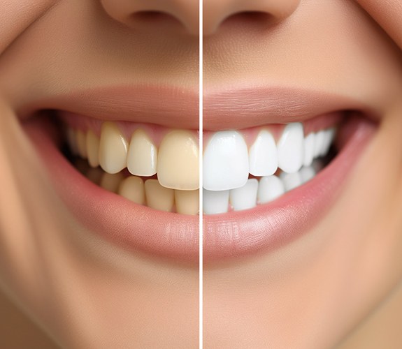 Up-close image of a person’s stained teeth before and after